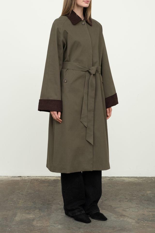 Moon River Corduroy Trim Long Trench Coat #2