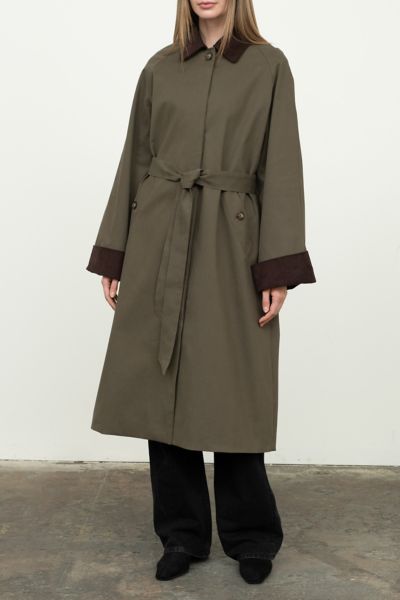 Moon River Corduroy Trim Long Trench Coat