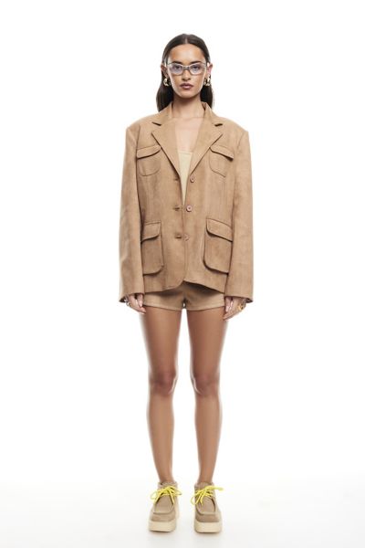 Lioness Balmy Faux Suede Oversized Blazer Jacket In Camel, Women's At Urban Outfitters In Brown