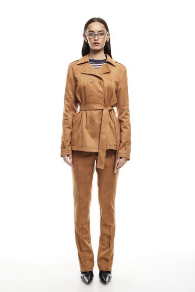 Lioness Bella Faux Suede Cropped Trench Coat Jacket In Light Tan, Women's At Urban Outfitters In Brown