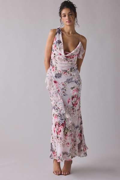 For Love & Lemons Nora Asymmetric Ruffle Cowl Neck Maxi Dress | Urban  Outfitters