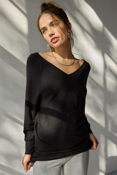 Out From Under Soft Serve Double-v Long Sleeve Top In Black, Women's At Urban Outfitters In Black