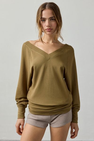 Out From Under Soft Serve Double-v Long Sleeve Top In Olive, Women's At Urban Outfitters In Green
