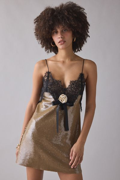 For Love & Lemons Sylvie Lace Trim Sequin Mini Dress