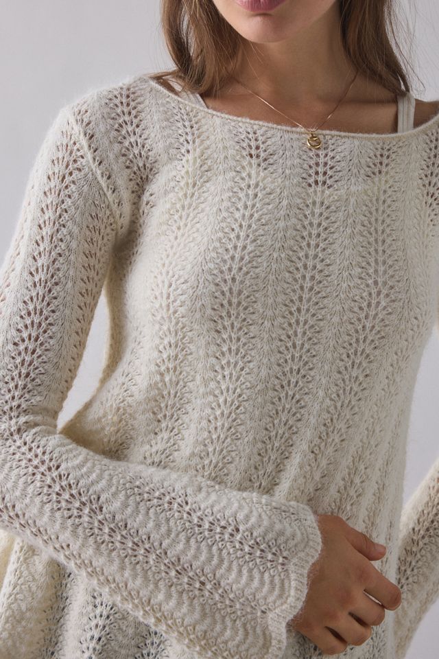 Chandail en tricot pointelle à manches évasées trapèze Lily Kimchi Blue #1