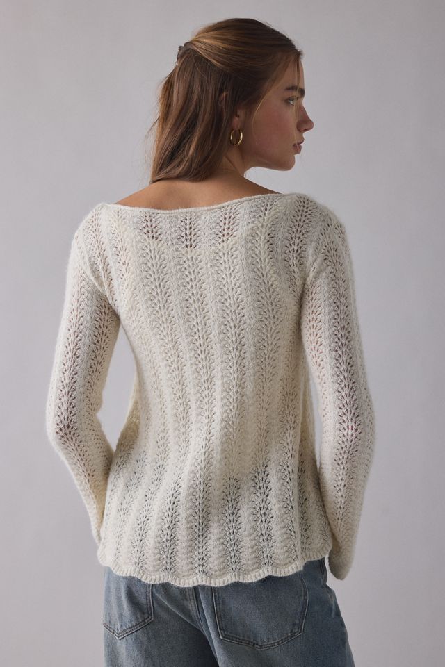 Chandail en tricot pointelle à manches évasées trapèze Lily Kimchi Blue #3