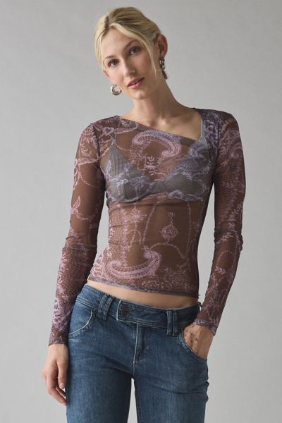 Kimchi Blue Love Club Asymmetric Sheer Mesh Long Sleeve Top
