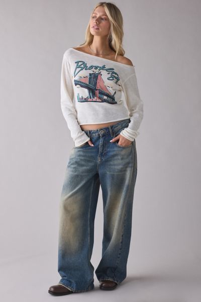 Urban Outfitters Brooklyn Bridge Graphic Long Sleeve Off-the-shoulder Tee In White, Women's At
