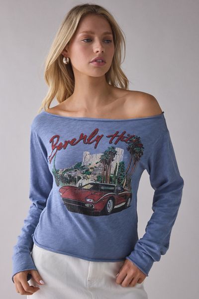 Beverly Hills Graphic Long Sleeve Off-The-Shoulder Tee