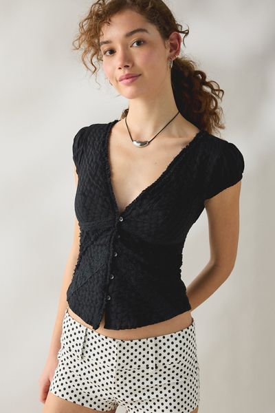 Kimchi Blue Robyn Ruffle + Lace Trim Puff Sleeve Button-Up Blouse