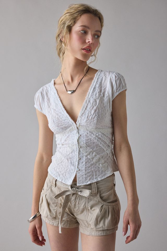 Blouse boutonnée à manches bouffantes avec volants et garniture en dentelle Kimchi Blue Robyn #4