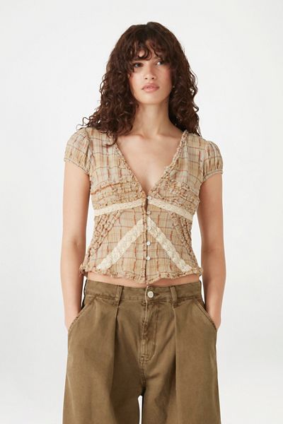 Kimchi Blue Robyn Ruffle + Lace Trim Puff Sleeve Button-Up Blouse