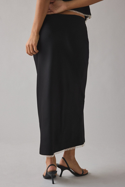 LoveShackFancy Vallis Bow Applique Lace Trim Satin Slip Midi Skirt