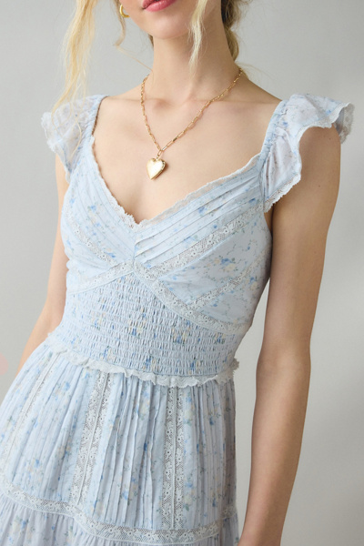 LoveShackFancy Presline Flutter Sleeve Lace Trim Mini Dress