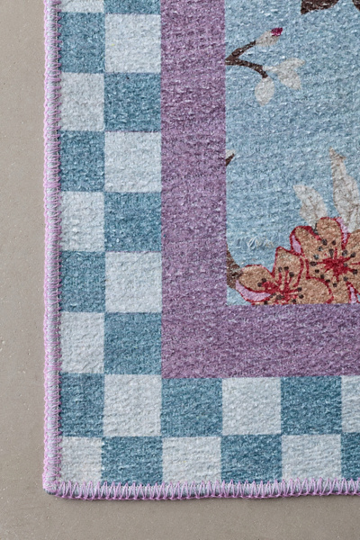 Checkered Border Floral Printed Rug