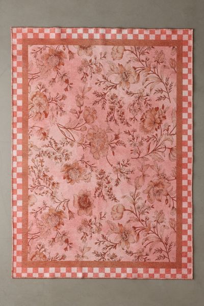 Urban Outfitters Checkered Border Floral Printed Rug In Pink At  In Pink