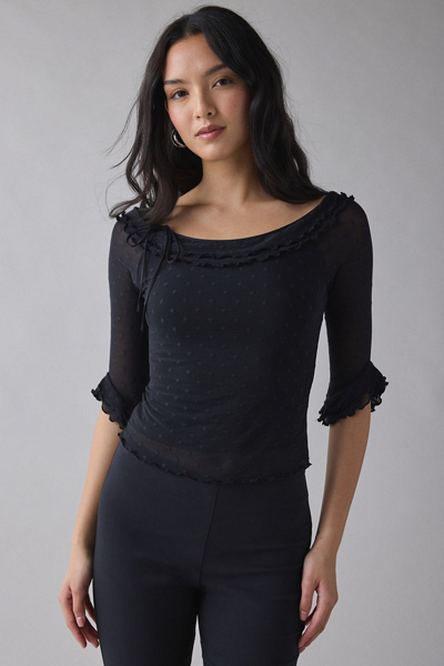 Kimchi Blue Rosalyn Polka Dot Mesh 3/4 Sleeve Boatneck Top In Black, Women's At Urban Outfitters In Blue