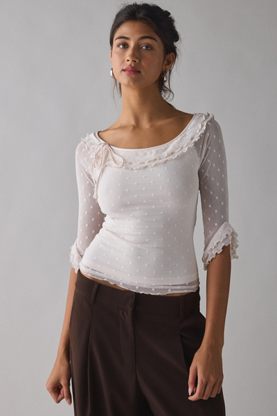 Kimchi Blue Rosalyn Polka Dot Mesh 3/4 Sleeve Boatneck Top In Ivory, Women's At Urban Outfitters In Gray