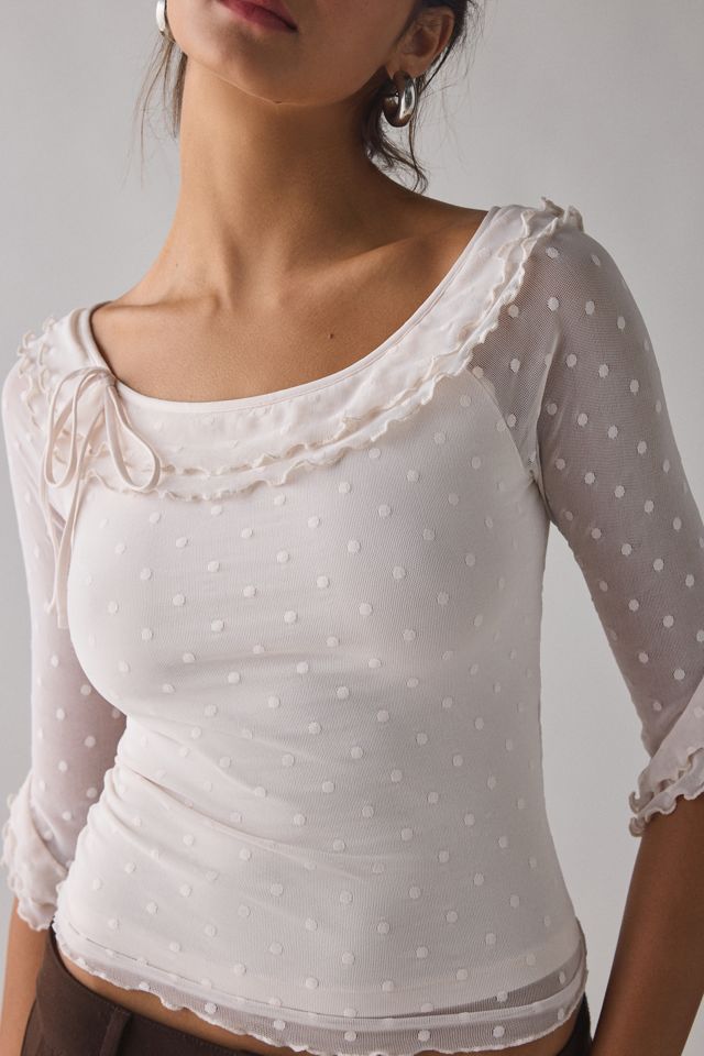 Kimchi Blue Rosalyn Polka Dot Mesh 3/4 Sleeve Boatneck Top | Urban