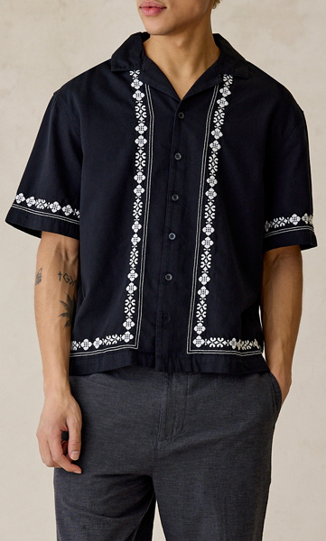 Urban Outfitters UO Embroidered Border Short Sleeve Shirt Top in Black/White, Men’s at Urban Outfitters