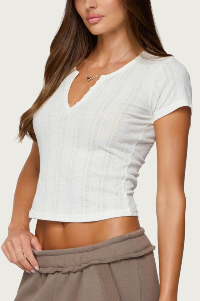 Edikted Semi Sheer Ribbed V Neck T Shirt #2