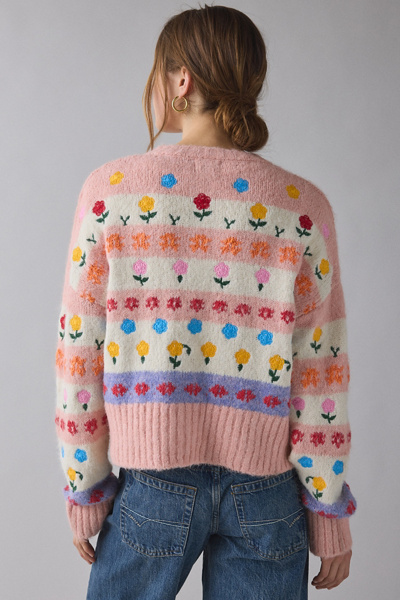 BDG Becca Floral Embroidered Brushed Knit Oversized Cardigan