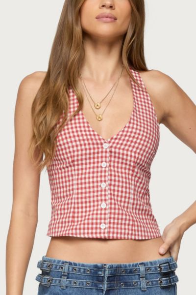 Edikted Evan Gingham Button Up Halter Top In Red, Women's At Urban Outfitters In Red