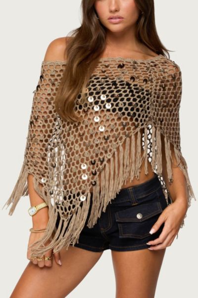 Edikted Fringe Sequin Crochet Poncho Product Page