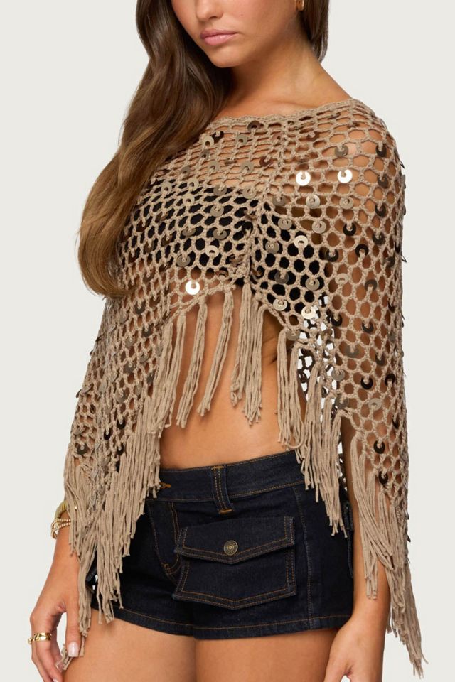 Edikted Fringe Sequin Crochet Poncho #2