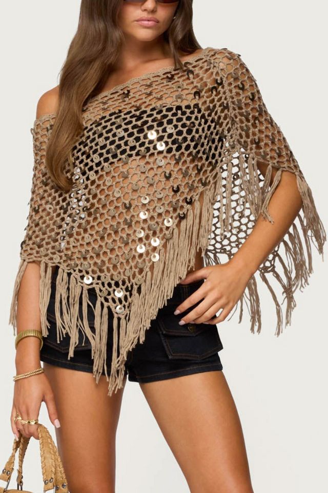 Edikted Fringe Sequin Crochet Poncho #3