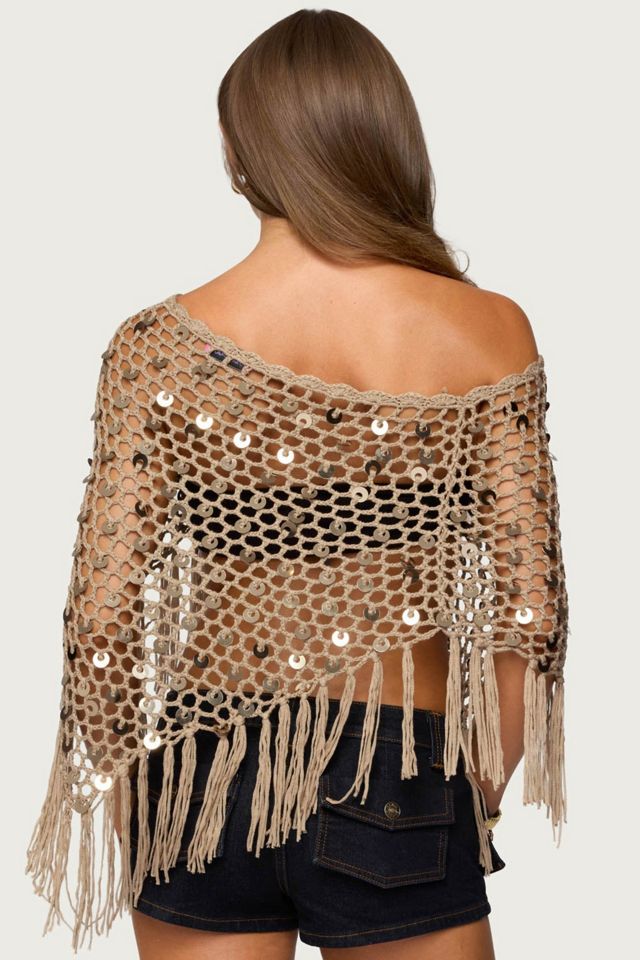 Edikted Fringe Sequin Crochet Poncho #4