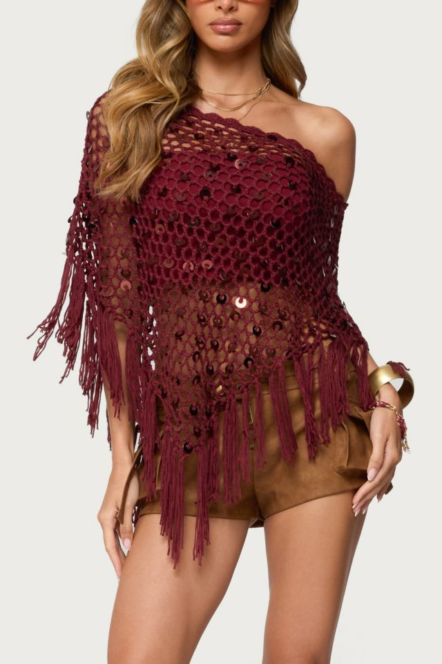 Edikted Fringe Sequin Crochet Poncho #3