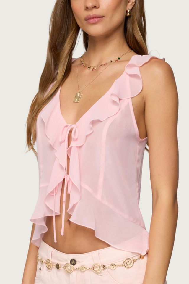 Edikted Roxan Ruffle Chiffon Tie Front Top #3