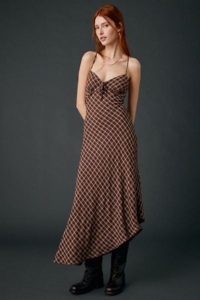UO Ember Plaid Asymmetric Slip Midi Dress