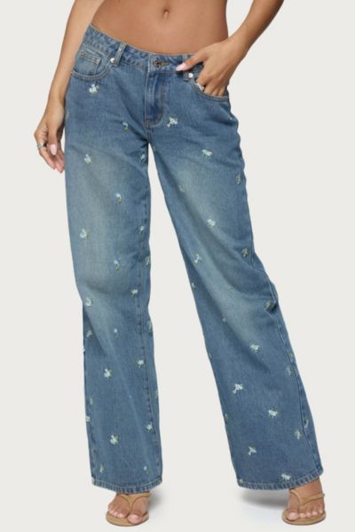 Edikted Edna Floral Embroidered Low Rise Jeans