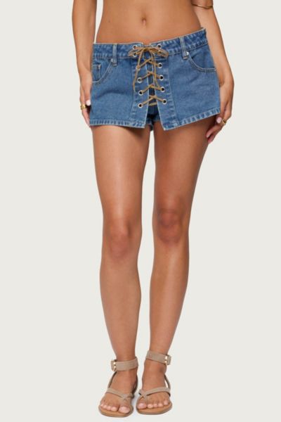 Edikted Olivera Lace Up Denim Mini Skort In Blue/washed, Women's At Urban Outfitters