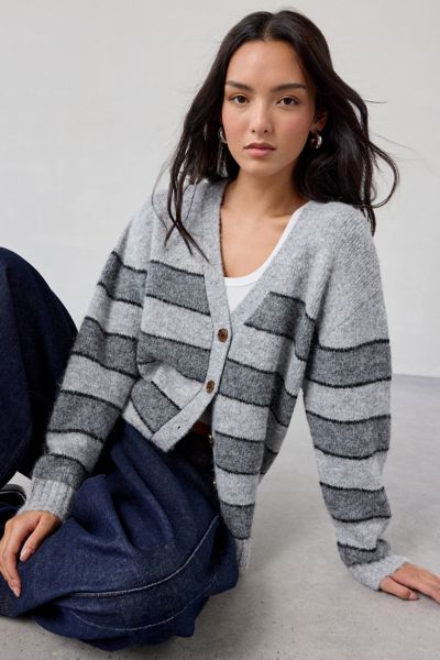 Bdg Eliot Striped Oversized Cardigan In Grey, Women's At Urban Outfitters In Gray