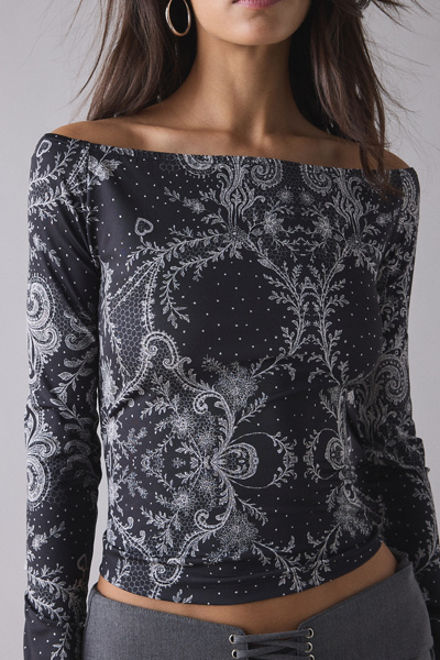Rococo Lace Graphic Long Sleeve Off-The-Shoulder Tee