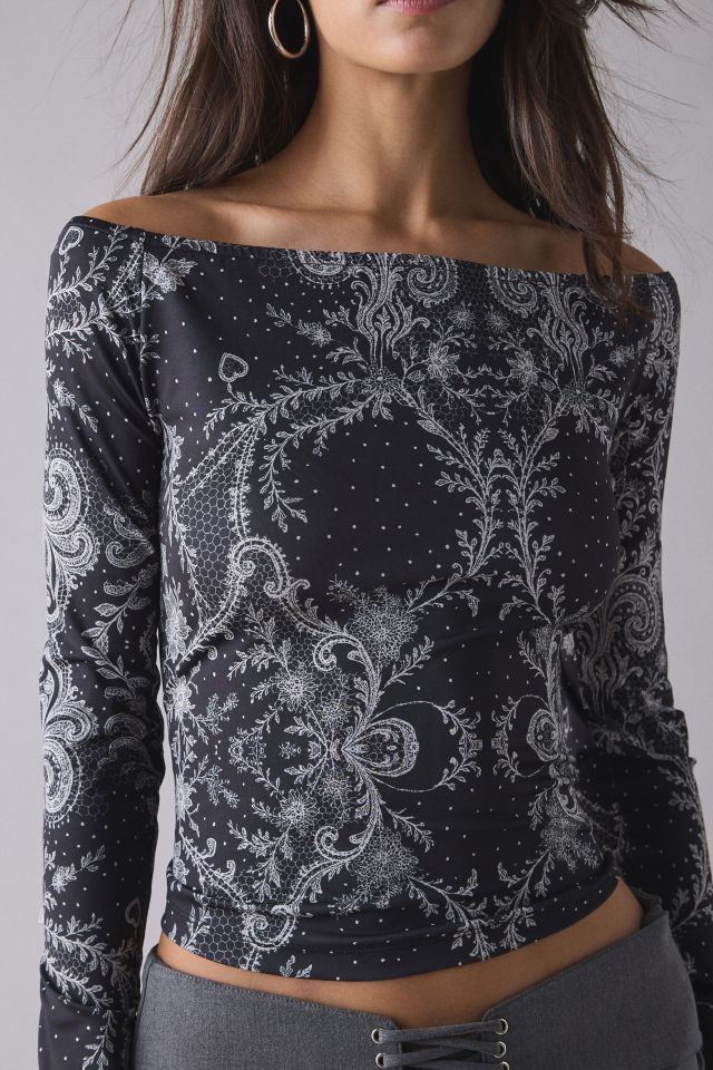 Rococo Lace Graphic Long Sleeve Off-The-Shoulder Tee #1