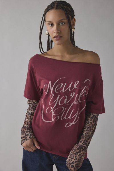 Urban Outfitters Nyc Graphic Layered Leopard Print Long Sleeve Tee In Red, Women's At  In Red