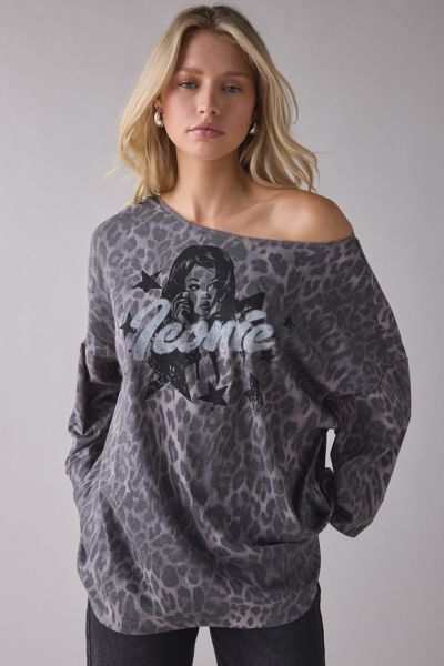 Iconic Graphic Leopard Print Oversized Off-The-Shoulder Tee