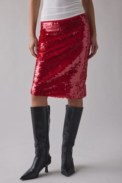 UO Celia Paillette Sequin Low-Rise Midi Skirt