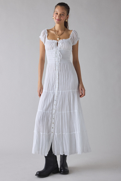 Kimchi Blue Samira Puff Sleeve Smocked Button-Front Layering Maxi Dress in White, Women’s at Urban Outfitters
