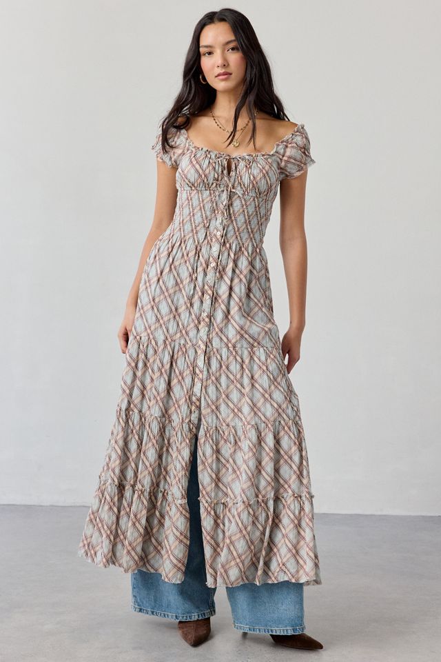 Kimchi Blue Samira Puff Sleeve Smocked Button-Front Layering Maxi