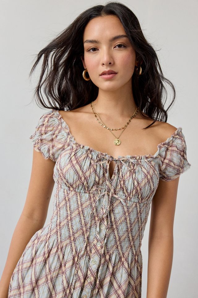 Kimchi Blue Samira Puff Sleeve Smocked Button-Front Layering Maxi