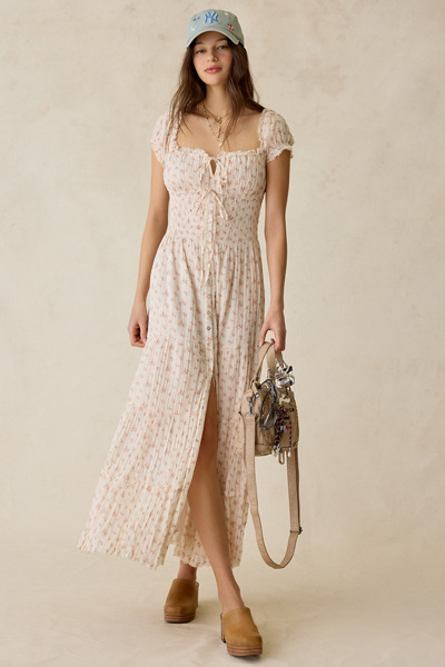 Kimchi Blue Samira Puff Sleeve Smocked Button-Front Layering Maxi Dress in Orange, Women’s at Urban Outfitters