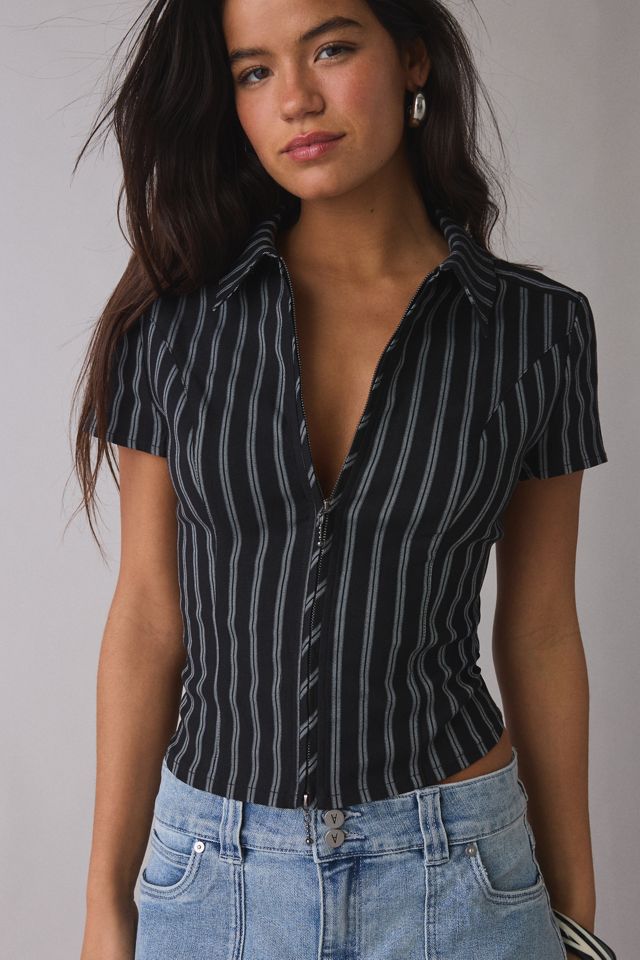 UO Ledia Slim Short Sleeve Zip-Front Shirt #4