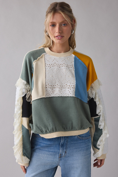 Bdg Cooper Lace Trim Patchwork Crew Neck Pullover Top In Patchwork, Women's At Urban Outfitters In Multi