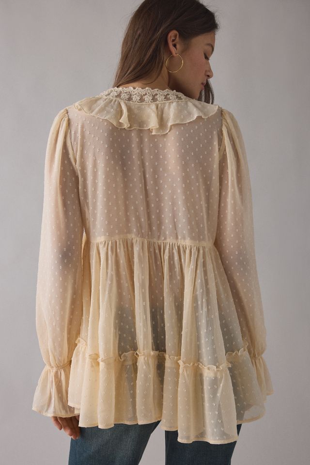 Kimchi Blue Mona Sheer Clip Dot Ruffle Babydoll Tunic Blouse #3