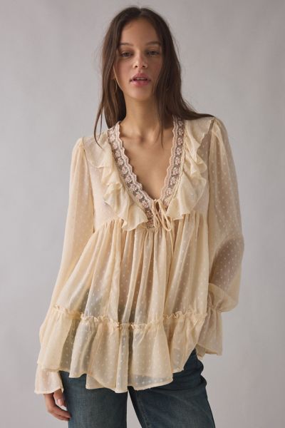Kimchi Blue Mona Sheer Clip Dot Ruffle Babydoll Tunic Blouse